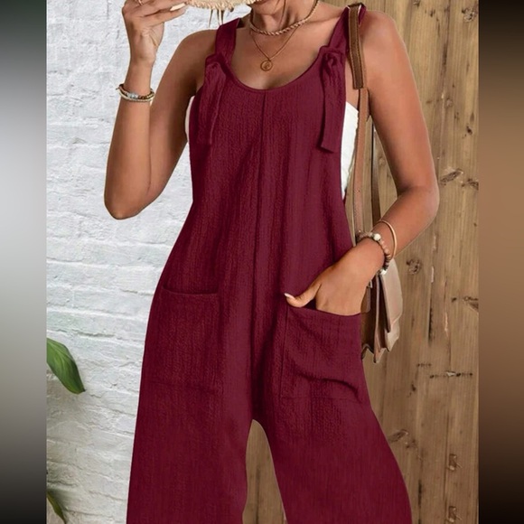 Boho red cami jumpsuit with pockets - Picture 14 of 15